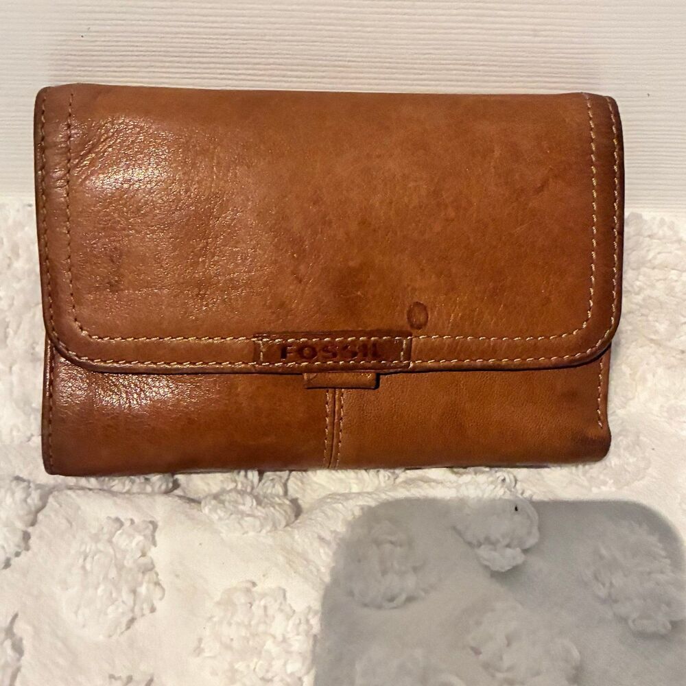 Men's Fossil Leather Cognac Brown Trifold Wallet and Card Wallet Combo